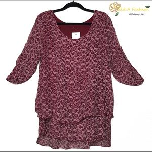 Red Geometric Pattern Layered Silk Blend Blouse